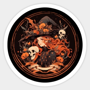 Spellbinding Whimsy: Dark Orange Witch with Skull Sticker